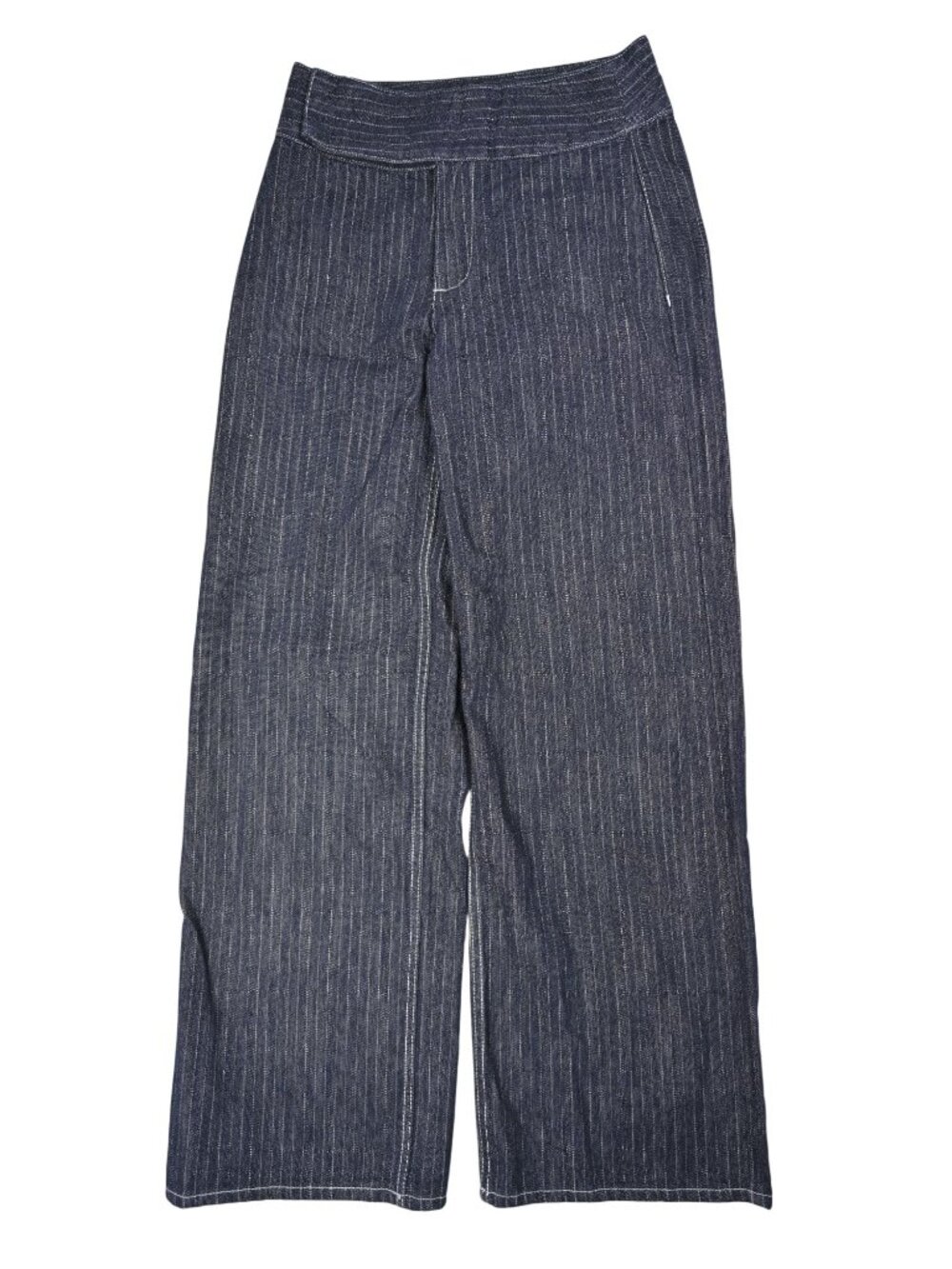 Meshki Sienna Flare Mid Rise Denim Jeans in Indigo Pinstripe